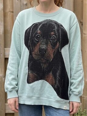 AUDIE’S ODDITIES Baby Rottweiler Woven Tapestry Upcycled Sweatshirt - Size S